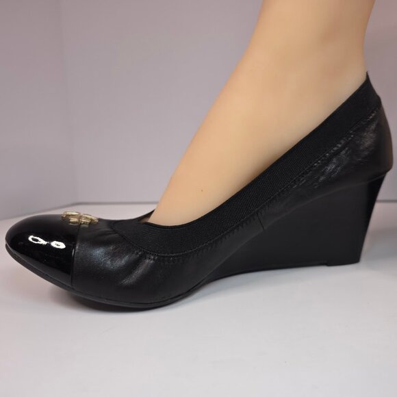 Tory Burch Black Leather Jolie Wedge Cap Toe Pumps 8.5 - Picture 3 of 13